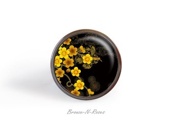 Bague sakura cabochon fleurs jaunes noirs japon acier inoxydable