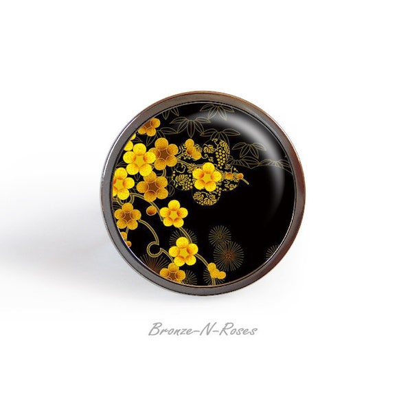 Bague sakura cabochon fleurs jaunes noirs japon acier inoxydable