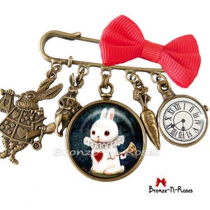 White Rabbit earrings Alice in Wonderland cabochon red heart sleepers BROOCH