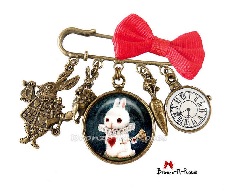 White Rabbit earrings Alice in Wonderland cabochon red heart sleepers BROOCH