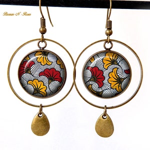 Boucles d'oreilles wax jaune et gris bijou femme cabochon Afrique ethnique créoles Bronze