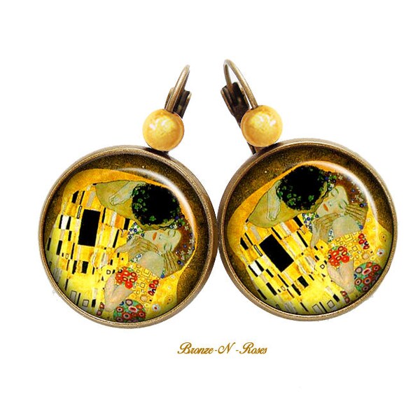 Boucles d'oreilles Le baiser Gustav Klimt peinture retro vintage tableau jaune dormeuses