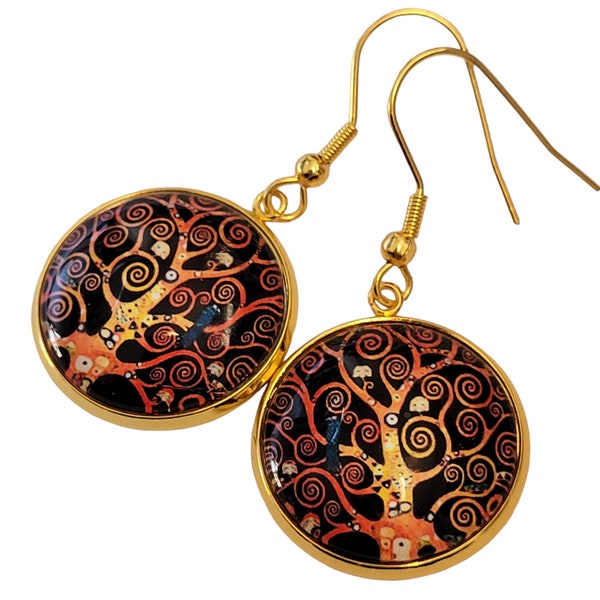 Boucles d'oreilles Arbre de vie cabochon Spirales Gustav Klimt noir marron reproduction