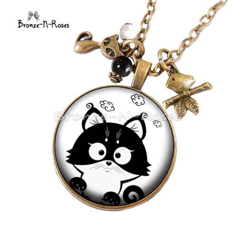 Necklace little black and white cat funny fantasy girl gift bronze jewel cabochon