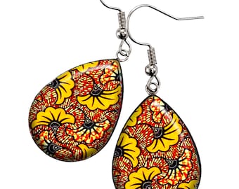 Boucles d'oreilles wax gouttes Fleurs jaune moutarde africain tissu wax motifs Ethniques