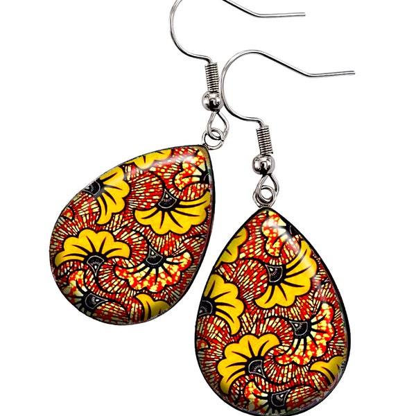 Boucles d'oreilles wax gouttes Fleurs jaune moutarde africain tissu wax motifs Ethniques