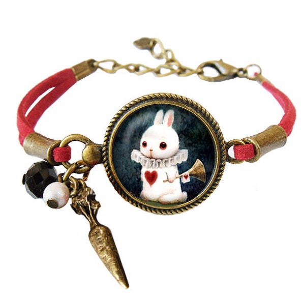 Bracelet Lapin blanc Alice au pays des merveilles cabochon coeur rouge