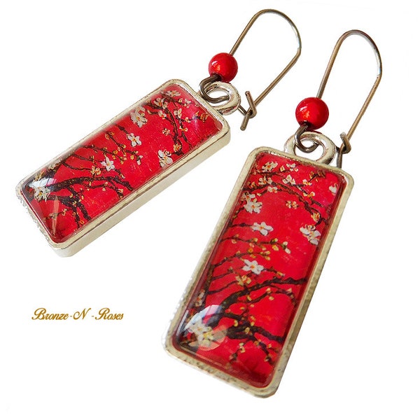 Boucles d'oreilles rectangulaires branches de cerisier en fleurs rouges argent rectangle