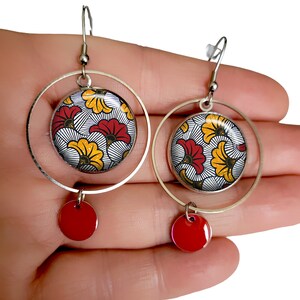 Boucles d'oreilles wax jaune et gris bijou femme cabochon Afrique ethnique créoles image 5