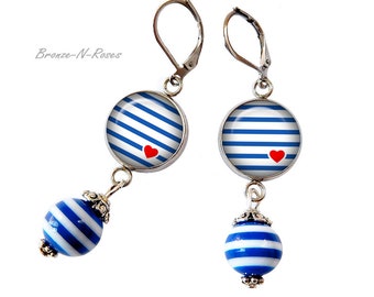 Boucles d'oreilles marinière rayures bleues et blancs cabochon collier bracelet bague