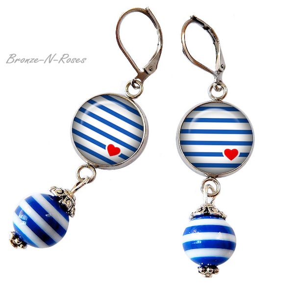 Boucles d'oreilles marinière rayures bleues et blancs cabochon collier bracelet bague