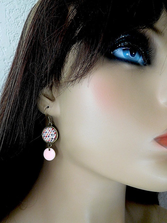 earrings polka dots pink sequin jewelry gift woman cabochon bronze n roses
