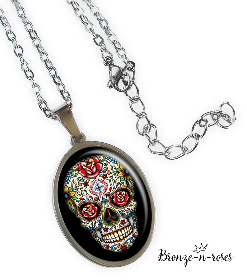 Collier Skull bijou cadeau tête de mort fleurs mexicain Halloween noir image 2