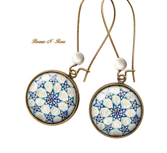 Collier Mosa/ïque arabo andalouse cabochon bronze verre bleu bronze-n-roses