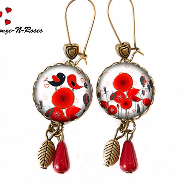 Boucles d'oreilles Oiseaux amoureux cabochon rouge coquelicots bijou saint Valentin cadeau