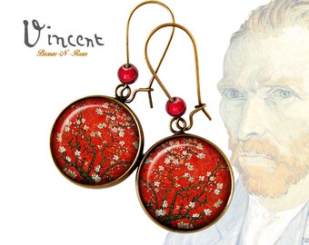 Vincent Van Gogh earrings Red almond blossom branches