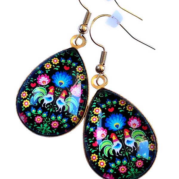 Boucles d'oreilles broderie folklorique fleurs russes salves bronze-n-roses collier broche bijou