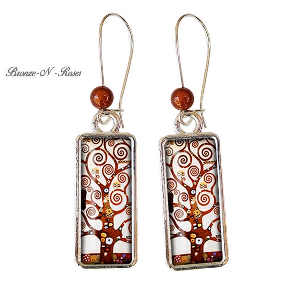 Boucles d'oreilles rectangulaire Arbre de vie Gustav Klimt peinture retro vintage tableau argenté