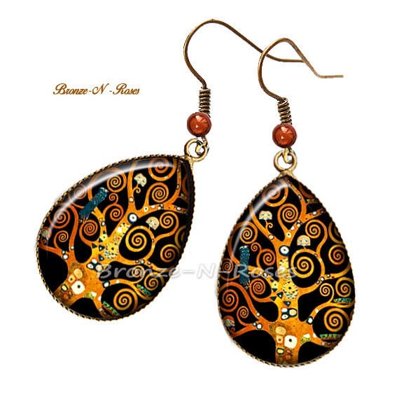 Boucles d'oreilles gouttes " Arbre de vie " cabochon bronze pendant Gustav Klimt