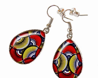 Boucles d'oreilles gouttes wax rouge jaune tendance afrique pagne bijoux