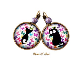 Boucles d'oreilles Chat noir et le poisson bijou fantaisie papillons multicolores