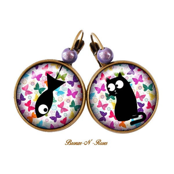 Boucles d'oreilles Chat noir et le poisson bijou fantaisie papillons multicolores