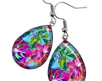 Boucles d'oreilles gouttes Fleurs tropicales cadeau bijou fantaisie fushia