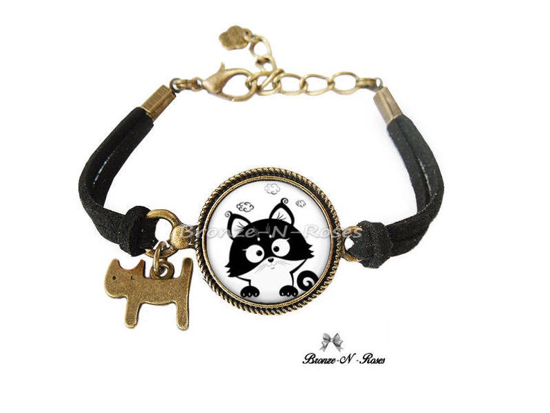 Necklace little black and white cat funny fantasy girl gift bronze jewel cabochon