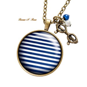 Earrings Marinière bronze cabochon stripes blue white glass dormers COLLIER / NECKLACE