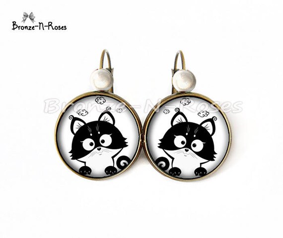 Boucles D Oreille Petit Chat Noir Et Blanc Rigolo Cabochon Etsy