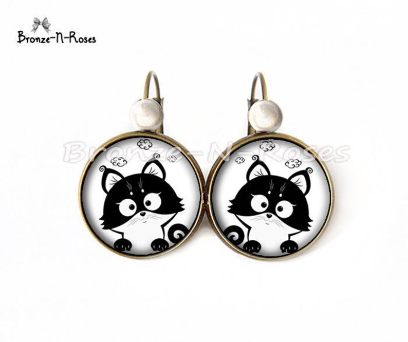 Necklace little black and white cat funny fantasy girl gift bronze jewel cabochon