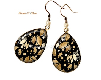 Earrings drops sheets cabochon bronze gold and black glass