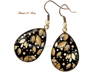 Boucles d'oreilles gouttes feuilles cabochon bronze or et noir verre