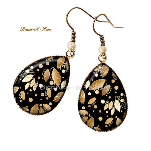 Boucles d'oreilles gouttes feuilles cabochon bronze or et noir verre