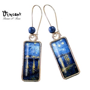 Boucles d'oreilles rectangulaire la Nuit étoilée sur le Rhône Vincent van Gogh cabochon bleu couleur argent rectangle