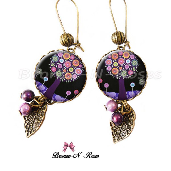 boucles d'oreille arbre aux bouquets de fleurs pendants bronze-n-roses violet mauve