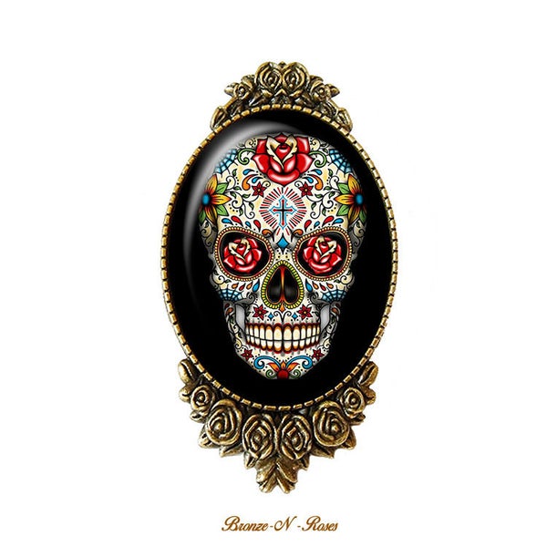 Broche épingle Skull bijou fantaisie cadeau tête de mort fleurs mexicain