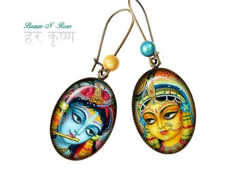 Boucles d'oreilles Radha et Krishna cabochon bleu Inde bronze jaune cadeau