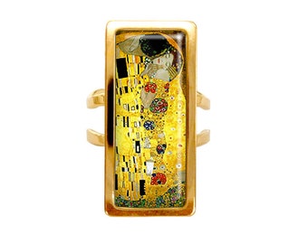 Bague rectangle Le baiser Gustav Klimt peinture retro vintage tableau jaune