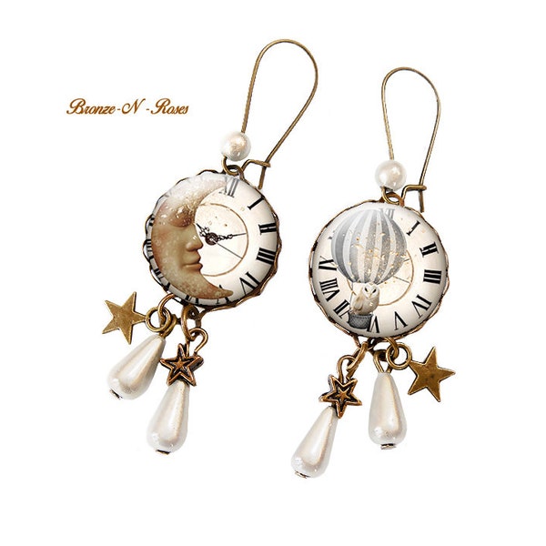 Boucles d'oreilles Le temps d'un rêve cabochon parure lune chouette cadeau Noël