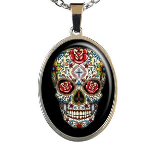 Collier Skull bijou cadeau tête de mort fleurs mexicain Halloween noir # 1