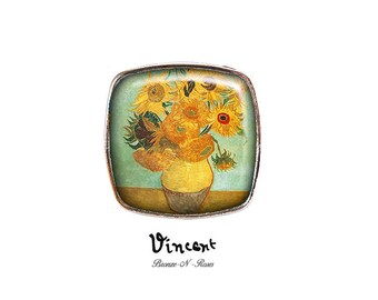 Square ring Vincent Van Gogh sunflowers cabochon silver glass