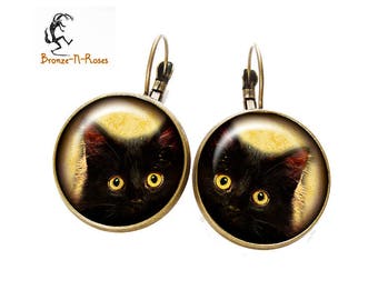 Boucles d'oreilles Chat noir aux yeux jaunes bijou bronze-n-roses Halloween collier