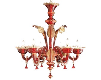 Imperiale • Classic Murano Crystal Chandelier • 6 Lights Red and Gold • Luxurious and Elegant