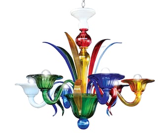 May include: A colorful glass chandelier with five lights. The chandelier has a central stem with a red, yellow, and green glass design. The arms of the chandelier are made of clear glass with colorful accents. The chandelier is suspended from a chain.