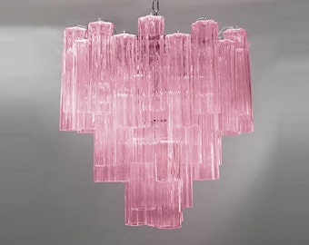 Lustre en verre à tube étoilé • Cristal de Murano rose • 43 verres • MCM Style vintage moderne du milieu du siècle