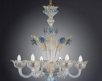 Murano Crystal Gold Chandelier • Pola • Aquamarine and gold Murano glass chandelier •  Venetian glass lamp