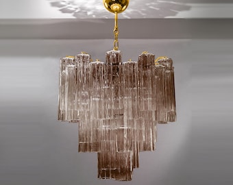 Lustre de vidro em tubo estrela • Cristal Murano fumê • 43 copos • Estilo vintage MCM de meados do século Moderno