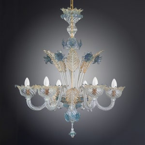 Murano Crystal Gold Chandelier • Pola • Aquamarine and gold Murano glass chandelier •  Venetian glass lamp