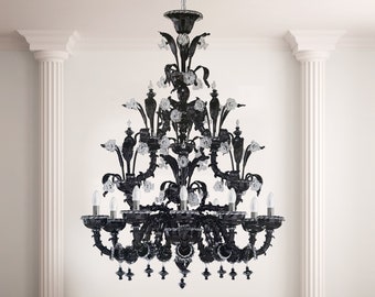 Murano Black Rezzonico Chandelier • Black Swan • Majestic italian traditional chandelier •  Venetian Murano lamp
